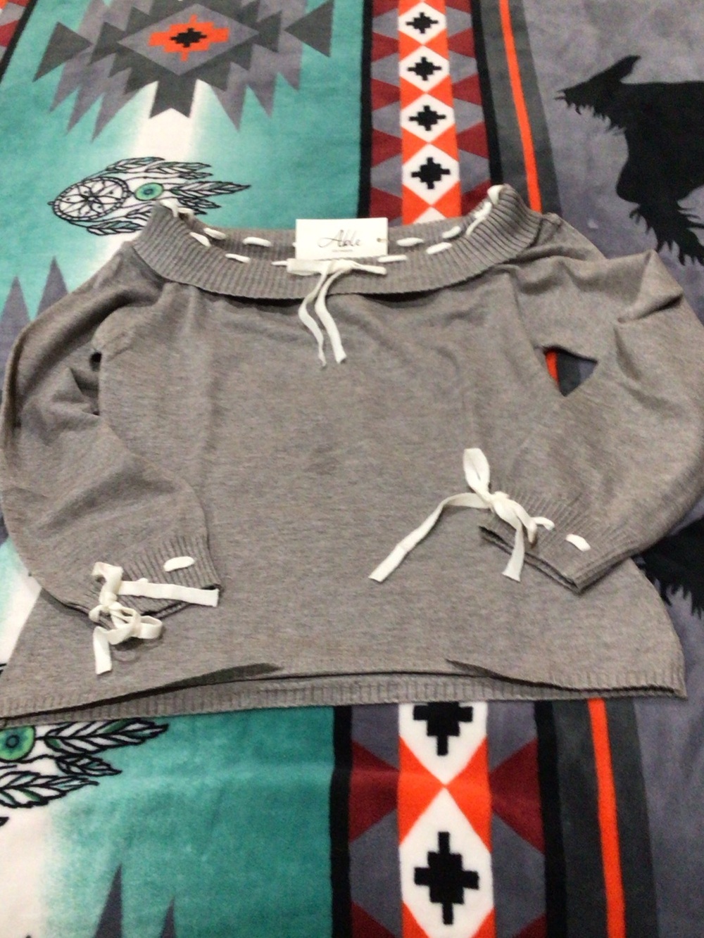 Able Gray Off-Shoulder Knit Sweater with White Ribbon Ties